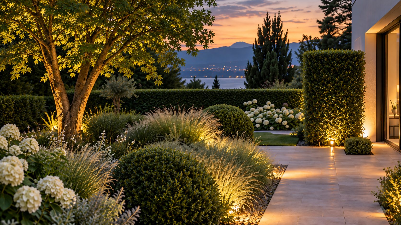 Jardin à l’heure dorée, avec vue sur le lac et les montagnes, à Genève.