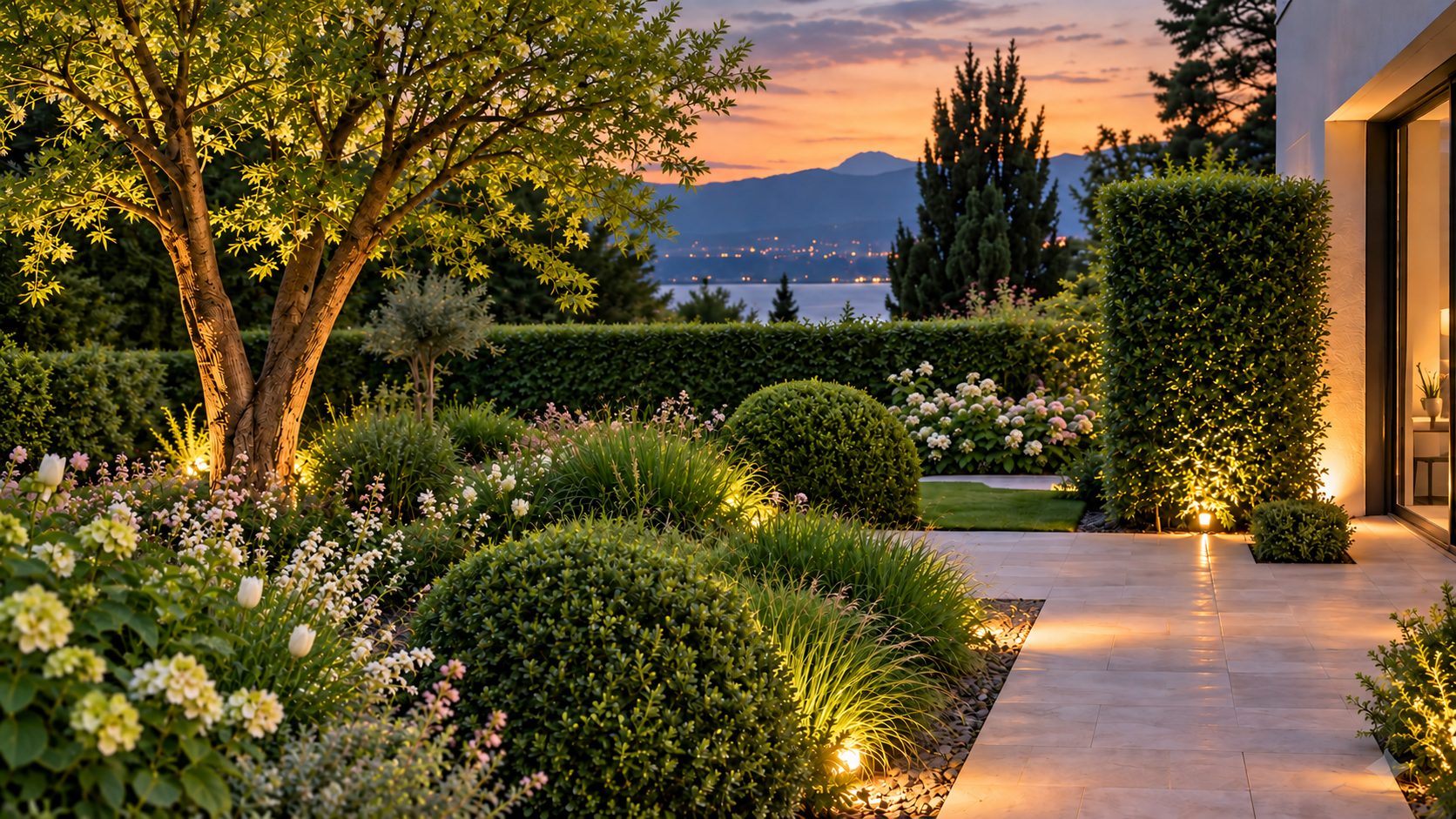 Le même jardin au printemps, au crépuscule, avec vue sur le lac.