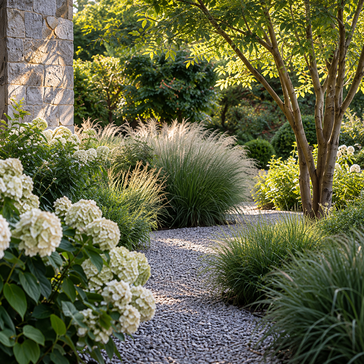 Allée de gravier bordée d’hortensias et de graminées.