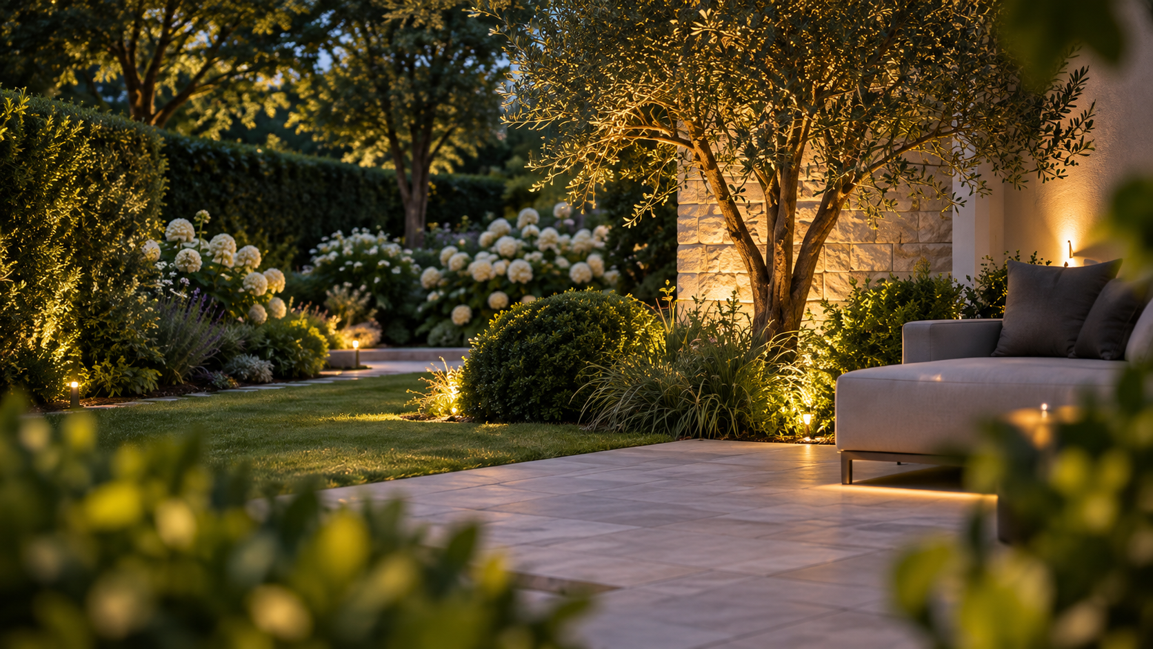 Terrasse de jardin illuminée le soir.